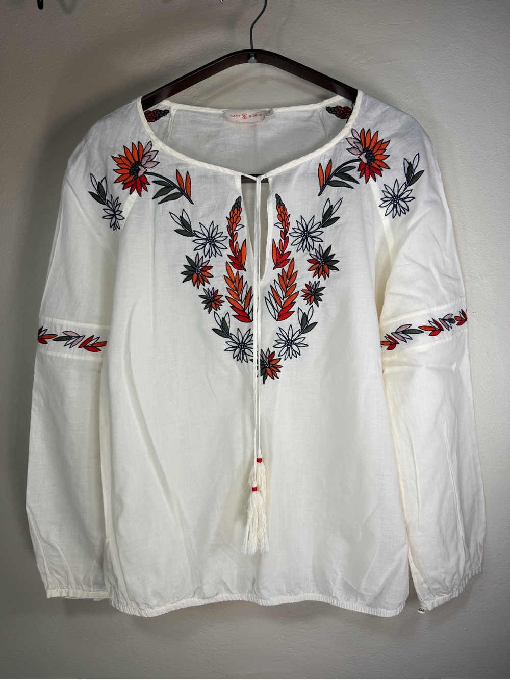 Tory Burch White Tunic Blouse with Red & Black Floral Embroidery
